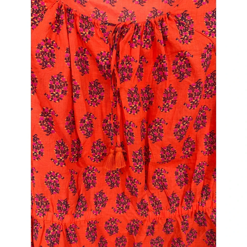 Tory Burch Blouse Women Size 0 Orange Floral Tassel Peplum Cotton Top